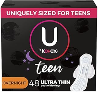 U by Kotex Ultra Thin Teen Feminine Pads with Wings, Overnight Protection, Unscented, 48 Count (4 Packs of 12) (Packaging May Vary)