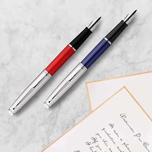 Waterman Emblème Fountain Pen, Blue With Chrome Trim, Fine Nib With Blue Ink Cartridge, Gift Box #TOP27