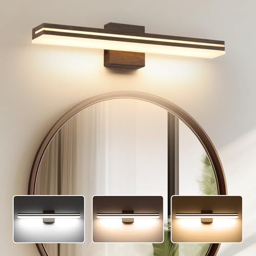 Image of SineRise LED Modern Bathroom Vanity Light Fixtures (24-Inch, 3000K /4000K /6000K, Dimmable), Brown Wood Painted Modern Acrylic Bathroom Wall Lighting Fixtures Over Mirror