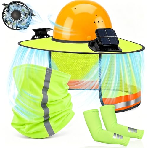 1 Set Hard Hat Sun Shade with 2 Solar Fans,Full Brim Sun Visor with Neck Gaiter and Arm Sleeves,High Visibility Sun Shield Neck Shade with Reflective Strip for Construction Landscaping Outdoor Workers