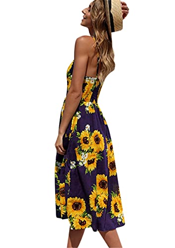 Image of YMING Womens Summer Spaghetti Strap Dresses Button Down Floral Sundress High Waist Swing Midi Dress with Pockets