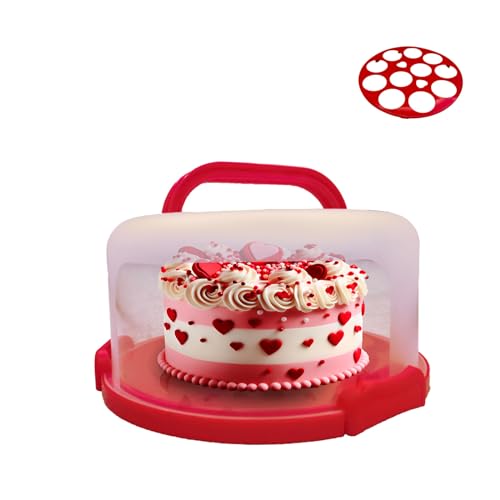FreeshFro Portable Cake Holder with Cover Airtight, Tall Round Plastic Cake Carrier with Lid & Handle, Cupcake Storage Container with Dome, 10\", Red