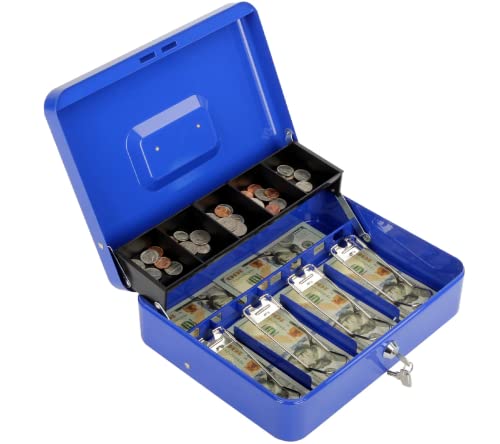 Polspag Cash Box With Lock And 2 Keys, Metal Money Box With Cash Tray, Lock Safe Box, 4 Bill/5 Coin Slots, 11.8L X 9.5W X 3.5H Inches (Key-Blue) #TOP5