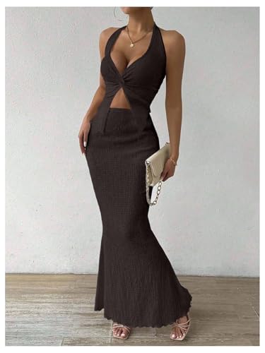 Image of SOLY HUX Women's Two Piece Outfits Twist Front Halter Cami Tops and Skirt Summer Set