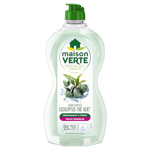 Maison Verte - Parfum aux Huiles Essentielles - Liquide Vaisselle - Parfum Eucalyptus-Thé Vert - Dégraissant à Froid - Pour Peaux Sensibles - 95% d'ingrédients d'origine naturelle - 500ml