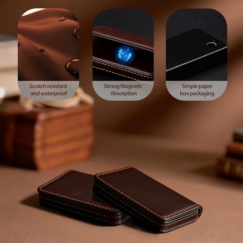 Image of Business Card Holder PU Leather with Magnetic Closure, Slim Pocket Name Card Case for Men & Women, Professional Card Wallet for Office & Travel (Brown)