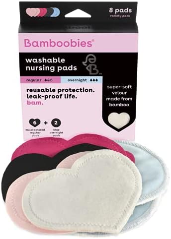 Bamboobies Women’s Nursing Pads, Reusable and Washable, Multi-Color, 3 Regular Pairs and 1 Overnight Pair, Leak-Proof Pads for Breastfeeding, 4 Pairs