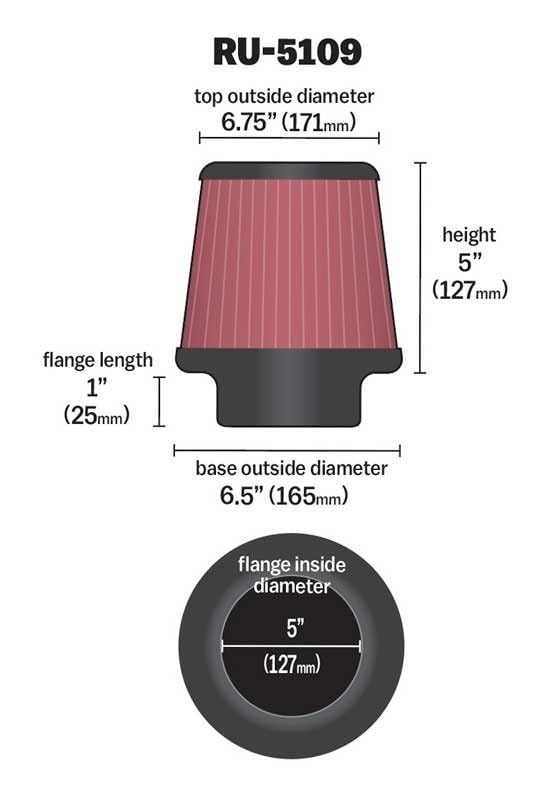 Image of K&N Universal Clamp-On Air Filter: High Performance, Premium, Washable, Replacement Engine Filter: Flange Diameter: 5 In, Filter Height: 5 In, Flange Length: 1 In, Shape: Round Tapered, RU-5109