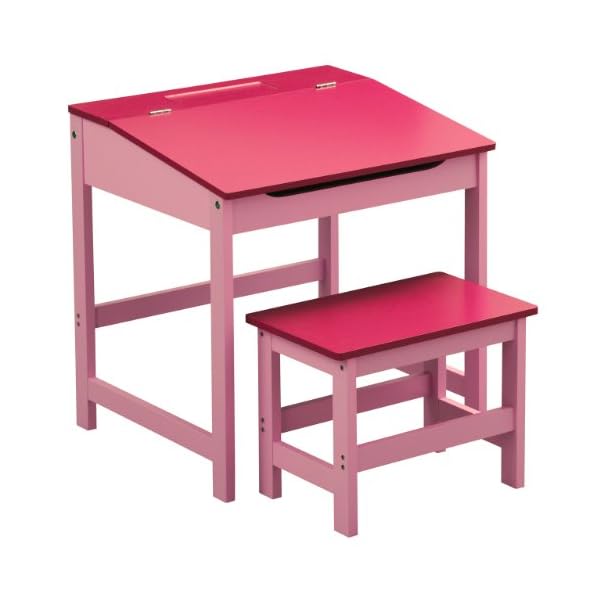 KIDS CHILDRENS WOODEN DESK AND CHAIR SCHOOL STUDY RETRO LIFTING TOP CHILD SET IN Pink