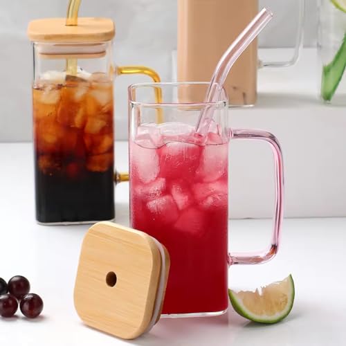 Image of ANKUL Random Clour Squre Glass Sipper Tumbler Tea Coffee Can with Wooden Lid and Straw - 400ml - Pack of 1 - Fruit Milk Juice Cup Glass Straw (Square Mug Wooden Lid, 1)