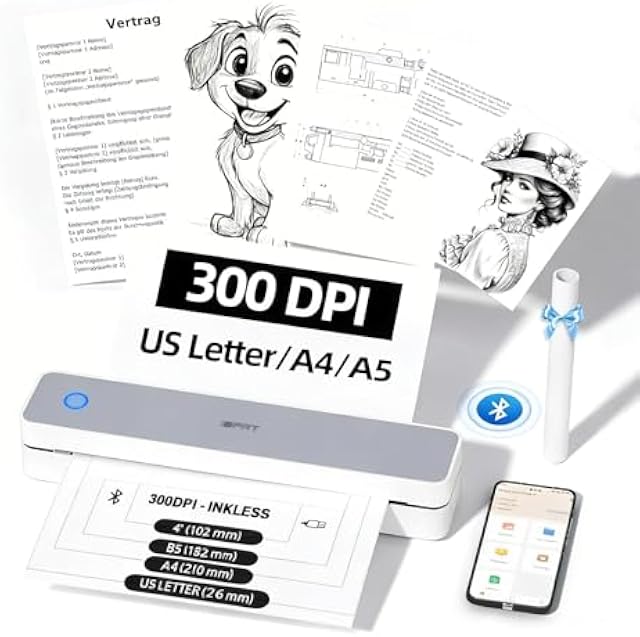 Portable Thermal Printer Wireless for Travel, 300DPI Inkless Small Printers