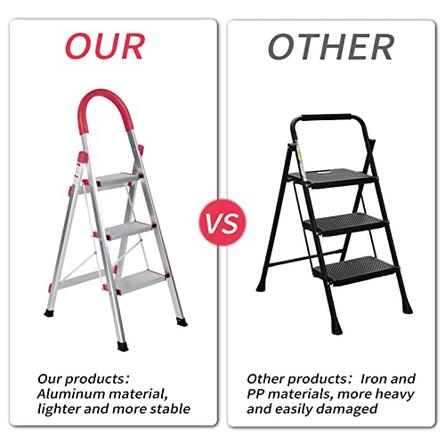 5 Step Ladder, Handgrip Folding Step Stool For Home, Lightweight Portable & Collapsible Aluminum Ladder, 330 Lbs Load Capacity (5 Steps,Red) #TOP2