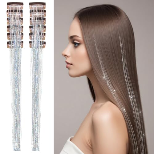 12 Pieces Silver Glitter Hair Tinsel Clip in Extensions 20.5 Inch Shimmer Fairy Hair Accessories (Silver)