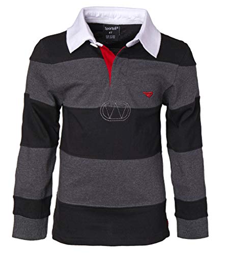 Sportoli Little Boys 100% Cotton Wide Striped Long Sleeve Polo Rugby Shirt - Black/Charcoal (Size 2)