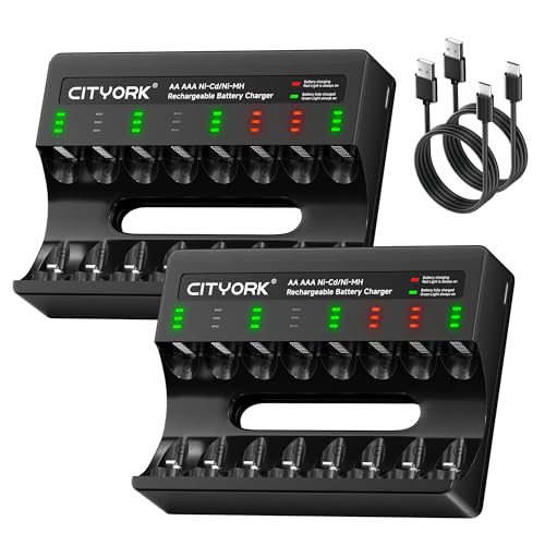 CITYORK Cargador de batería de 8 ranuras para NIMH/NICD recargable AA AAA Micro USB, carga rápida con indicador LED (2 unidades de cargador + ranura independiente)