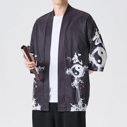 Image of Men's Japanese Kimono Robe Jacket Lightweight 3 /4 Sleeve Open Front Yukata | Silky Smooth Fashion Print Happi Coat Lightweight Breathable Loose Unisex Haori Casual Summer Cardigan Daily Beach Vacation