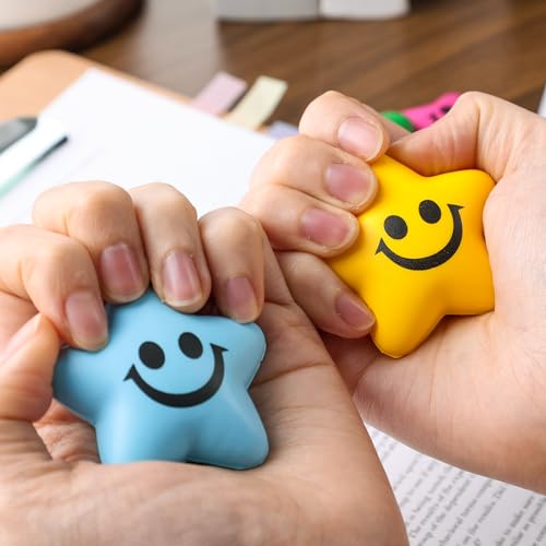 MCPINKY 32PCS Stress Balls Star Shape, 2inch Colorful Foam Squeeze Balls Smile Face Stress Balls for Kids Classroom Prizes Fidget Sensory Toys