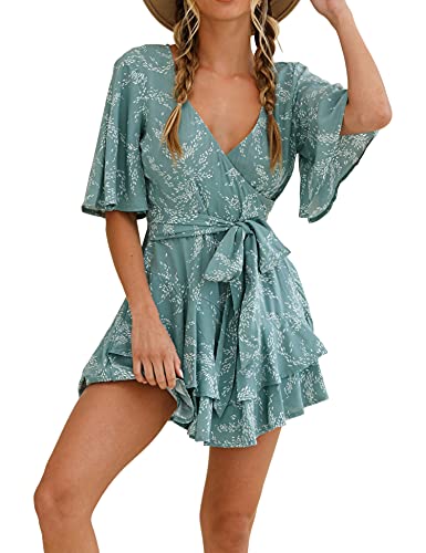 Aimcoo Womens Summer Short Flared Sleeve Romper V Neck Floral Print Jumpsuit Waist Tie Layer Ruffle Hem Dress Look Rompers (Lake Blue, Large) #TOP4