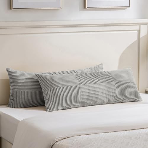 Image of Fancy Homi Set of 2 Grey Boho Long Lumbar Body Decorative Throw Pillow Cover 14x36 Inch for Bed Couch Bedroom Bench, Soft Patchwork Corduroy Textured Pillow Case, Rustic Farmhouse Room Decor