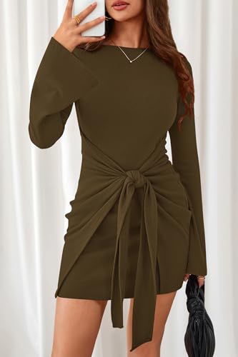 dowerme Women's Casual Mini Dress 2026 Bell Long Sleeve Boat Neck Tie Waist Bodycon Dresses Knitted Party Fall Outfits(Army Green,Large) — view 3