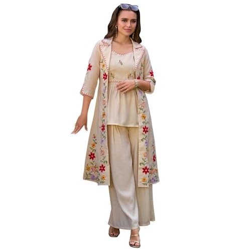 INDO-ERA-Womens-A-Line-Silk-Blend-Floral-Embroidered-Kurta-with-Shrug-and-Palazzo-Set-CreamIEOUT10577Medium INDO ERA Women's A-Line Silk Blend Floral Embroidered Kurta with Shrug and Palazzo Set (Cream_IEOUT10577_Medium)