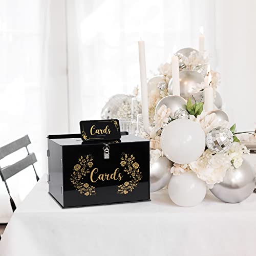 Black Acrylic Wedding Card Box Card Boxes with Lock and Card Sign, Gift Card Box Money Box Holder for Wedding Reception Anniversary Birthday Party Baby Shower Graduation (12.2 x 9.3 x 8.3 Inch)