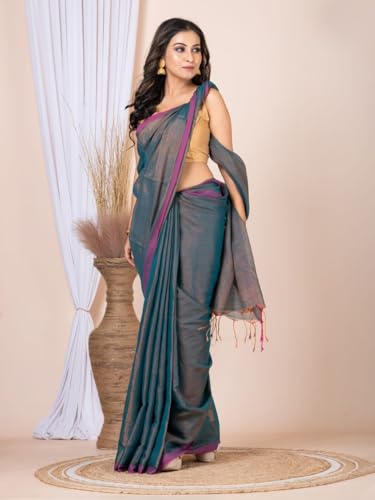 Image of Women's Tissue Cotton Saree | Plain Lightweight Tassel Pallu Saree with Blouse