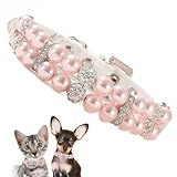 YOUALSO Pink Pearl Dog Collar For Small Dogs, Fancy Crystal Bling Cat Pearl Collar Rhinestone Luxury Beaded Puppy Necklace Diamond Girl Kitten Jewelry For XXS XS Small Medium Female Pet Dogs, XXS