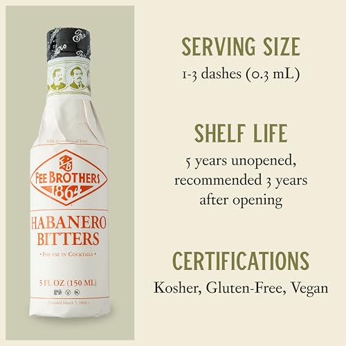 Fee Brothers Habanero Cocktail Bitters - Aromatic Cocktail Mixer & Concentrated Flavoring, Gluten Free, Vegan-Friendly, 5 fl oz
