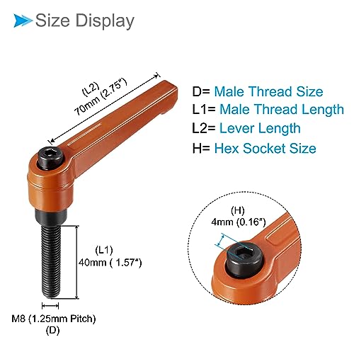 Image of Clamping Lever Handles, M8 X 40mm Male Thread, Adjustable Quick Release Locking Rotating Bolt Knobs Orange - (Applications: for Lathe Machinery), 2-Pieces