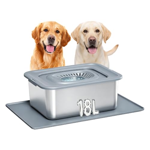 AEUSDOG 18L/4.75Gal Stainless Steel No Spill No Splash Dog Water Bowl Slow Feeder for Messy Drinkers,with XXL Silicone Mat,Ideal for Large Dogs Indoor/Outdoor Use Non Drip,Splash Proof Design