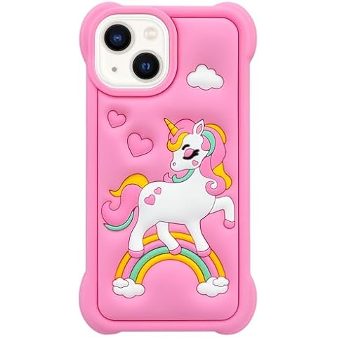 Mouzor Cute Rainbow Unicorn Case Compatible with iPhone 13 case, Pink Horse iPhone 14 Cases, iPhone 15 Kawaii Animals 3D Cartoon Soft Silicone Heavy Duty Protection Cover Cover