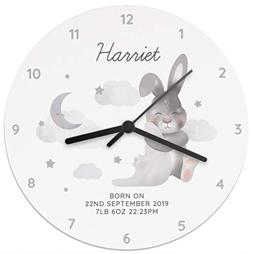 Personalised Baby Bunny White Wooden Clock Kids Bedroom Accessories Room Decor Perfect Naming Day, Christening Gift for Girl, Boy, Newborn & Children