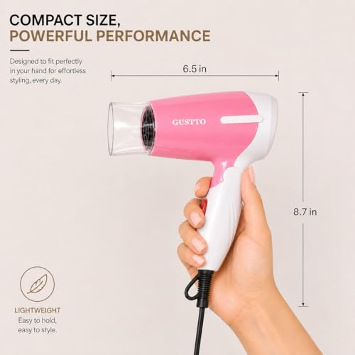 Image of GUSTTO Foldable Hair Dryer 1100W | Compact Travel-Friendly Hair Dryer with Foldable Handle, Hanging Ring, 2 Heat & Speed Settings, Lightweight & Portable (Dazzling Pink), BIS Certified