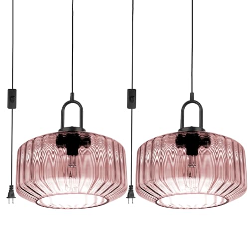 Qufute Globe Plug in Hanging Light Modern Pendant Light Plug in Cord Hanging Lamps for Living Room Vintage Glass Swag Lamp Mid Century Hanging Ceiling Light with 14.7 ft Corded for Kitchen
