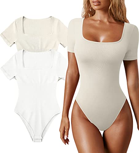 EUDOLAH 2 Piezas Bodis Sexy Mujeres con Manga Larga Mono Ajustado para Mujer con Cuello Cuadrado L,Albaricoque+Blanco