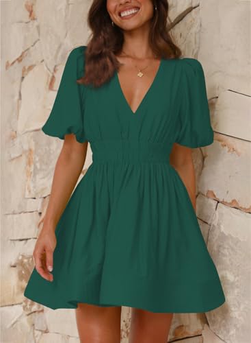 Image of Outfeel Women 2025 Summer Mini Dress Puff Short Sleeve Sexy V Neck A Line Elastic High Waist Flowy Swing Dresses