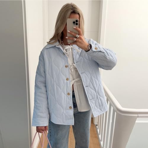 SOLILOQUY Women Y2K Striped Quilted Jacket Turn-Down Collar Button Puffer Coat Fall Winter Cropped Padded Jacket Cardigan3