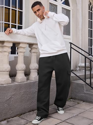 Image of Men's Heavyweight Fleece Cargo Sweatpants Loose Fit Thick Wide Leg Sweats with Pockets