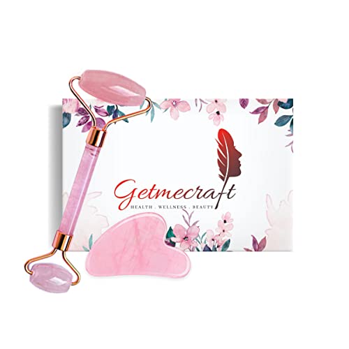 Getmecraft Rose Quartz face Roller and Gua Sha Set Jade Roller, Face Roller, Skin Massage Set with Gua Sha Stone for Eye, Neck and FACE Massage Tool and Body Beauty Roller, Jade Roller Massager
