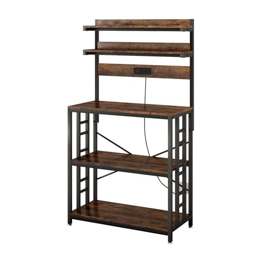 Image of METYERRY Adjustable Bakers Rack with Power Outlet,Coffee Bar Station with Led Lights,Microwave Stand with Storage,5-Tier Kitchen Shelf,Kitchen Storage Rack for Spices, Pots and Pans,Rustic Brown