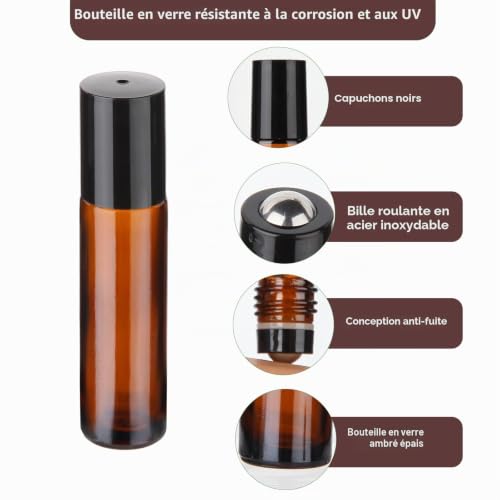Hyber&Cara Flacon Roll On Vide en verre de 10ml, 4Pcs Flacon Roller d'huiles essentielles avec des billes en acier inoxydable, parfait pour les parfums, l'aromathérapie – vue 3