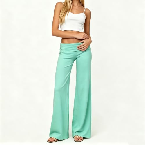 Image of Lounge Yoga Pants for Women Fold Over Low Waist Wide Leg Bell Bottoms