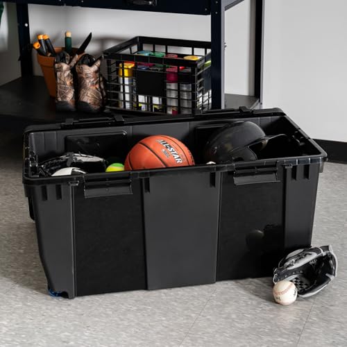 Image of IRIS USA 32 Gallon Rolling Storage Bin with Lid, Heavy Duty, 2 Pack | Built-in wheels and lockable latches make transporting tools, camping gear, truck equipment, and garage storage effortless.
