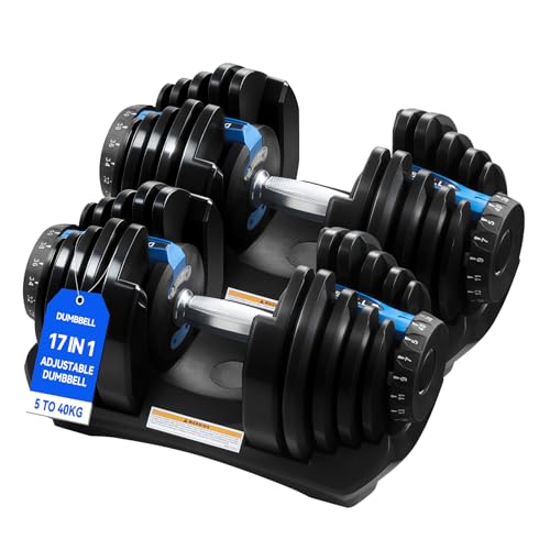 TRIOBLADE 24KG/40KG Adjustable Dumbbells for Saving Place Weights Dumbbells Set 15in1 /17in1 Fast Weight Changes NonSlip Handle Home Gym Strength Training Equipment (40kg B Style 1 Pair Blue)