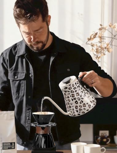 Image of Cocinare Oat Leopard Gooseneck Electric Kettle & Pour Over Coffee Set, ±0.5F Temperature Control, 1500W 0.9L Kettle, Coffee Dripper, 550 ml / 18.6 oz Server & 2 Tasting Cups