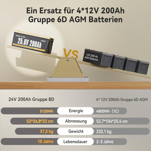 Detaillierte Frontansicht der Power Queen LiFePO4 200Ah Batterie mit Schraubklemmen und robustem Gehäuse für Tiefzyklus...