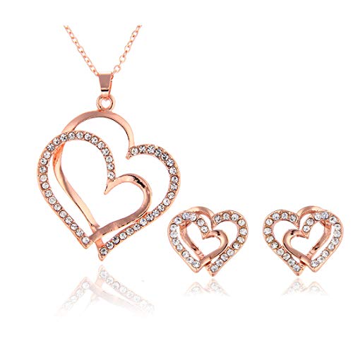 14K Rose Gold Silver Double Heart Shaped Necklace Shiny Crystal Stud Earrings Wedding Jewelry Set Best Gifts