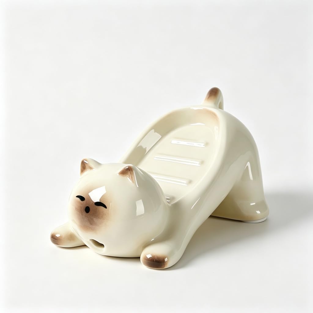 Soap Dish, soap Holder, soap Dish for Shower with Built-in Drainage Holes and Non-Slip Base, Cute Ceramic cat-Shaped draining soap Box