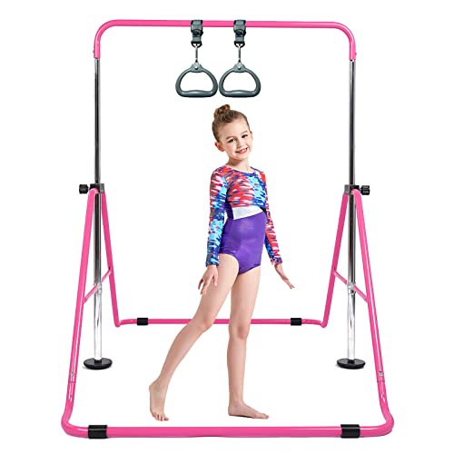 Barra de gimnasia para niños con anillo volador, plegable, altura ajustable, juego de regalo horizontal, equipo de barra de entrenamiento de gimnasio expandible para niños y niñas, color rosa, azul,